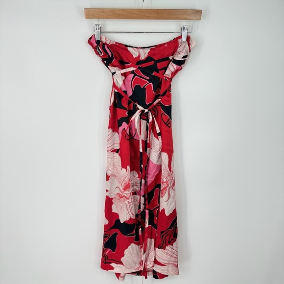 Zara Red Floral Satin Tie Midi Front Wrap Feminine Skirt - Picture 2 of 5